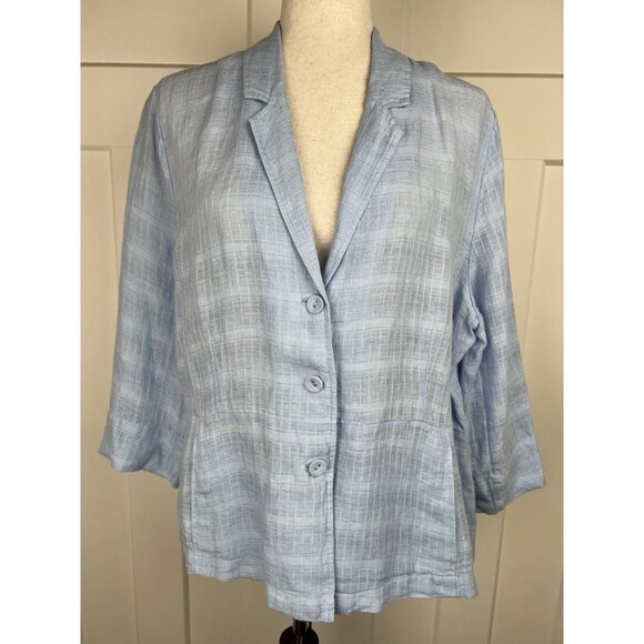 Eileen Fisher Jackets & Blazers - Eileen Fisher 100% Linen Jacket XL Blue Boxy 3/4 Sleeve Lightweight Button Front